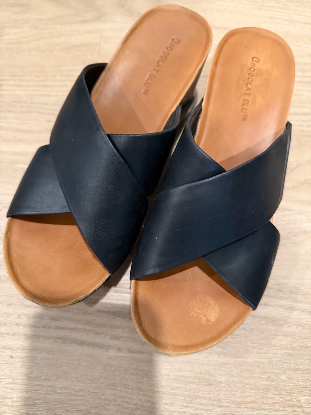 Chocolat Blu Black Leather Crisscross Slide Sandals